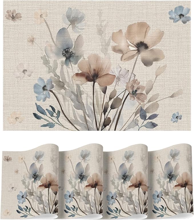 Artoid Mode Brown Poppy Floral Vinyl Plastic Placemats Set of 4, Washable Non-Slip PVC Table Mats for Party Kitchen Dining Decor, 12x18 Inch