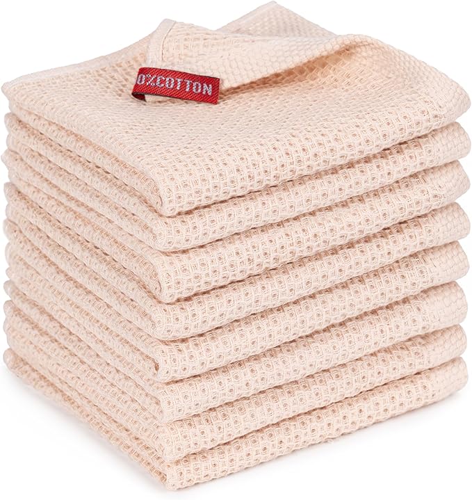 BOOMIBOO 8-Pack Kitchen Dish Cloths, 100% Cotton Waffle Weave, Ultra Soft Absorbent, Quick Drying Dish Towels, 12x12 Inches, Beige