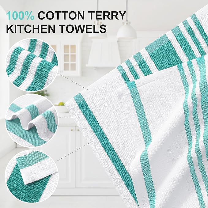 Homaxy Premium Kitchen Towels 18”x 28”, Large Cotton 380 GSM Kitchen Hand Towels, Stripe and Terry Dish Towel, Highly Absorbent Tea Towel Set with Hanging Loop, 8 Pack, Teal