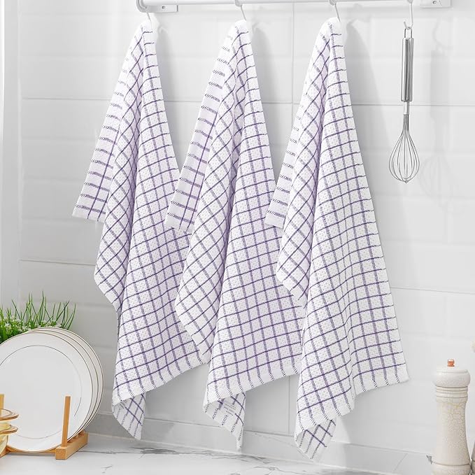 Homaxy 100% Cotton Kitchen Towels 8 Pack-15 X 25 Inches, Check Design Waffle Weave Hand Tea Towels, Super Soft and Absorbent Dish Towel for Drying Dishes, Purple