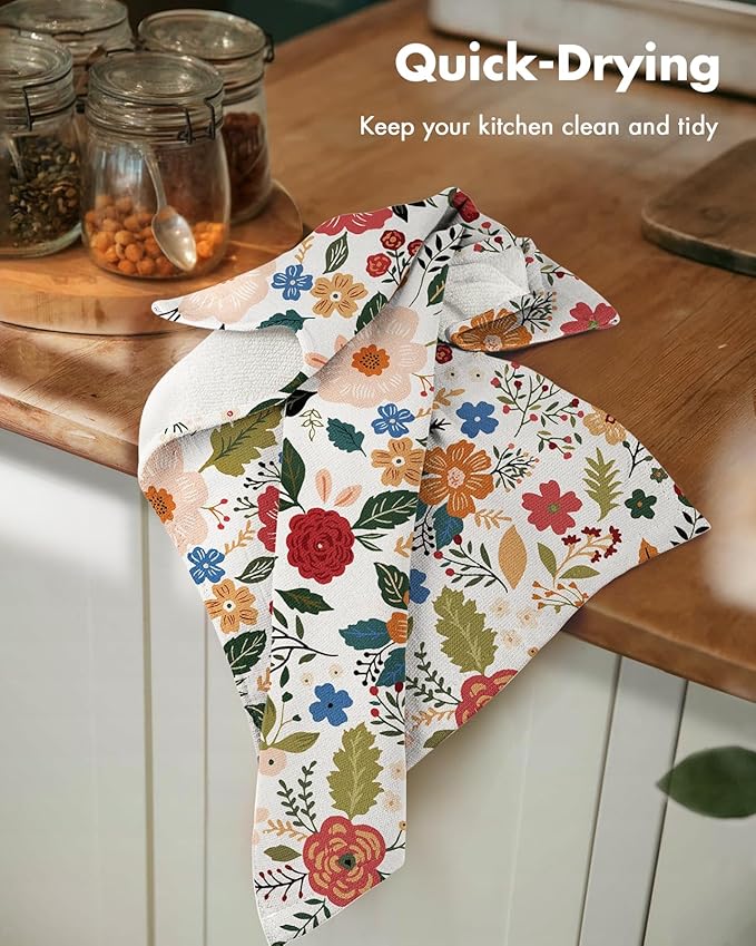 Miss Adola Cotton Kitchen Towels Set of 2 - Cute Design 16×26 Inch Dish Towels for Kitchen with Hanging Loop Beige Flower Quick Dry Hand Towels Soft & Absorbent, Decorative Terry Cloth Tea Towels