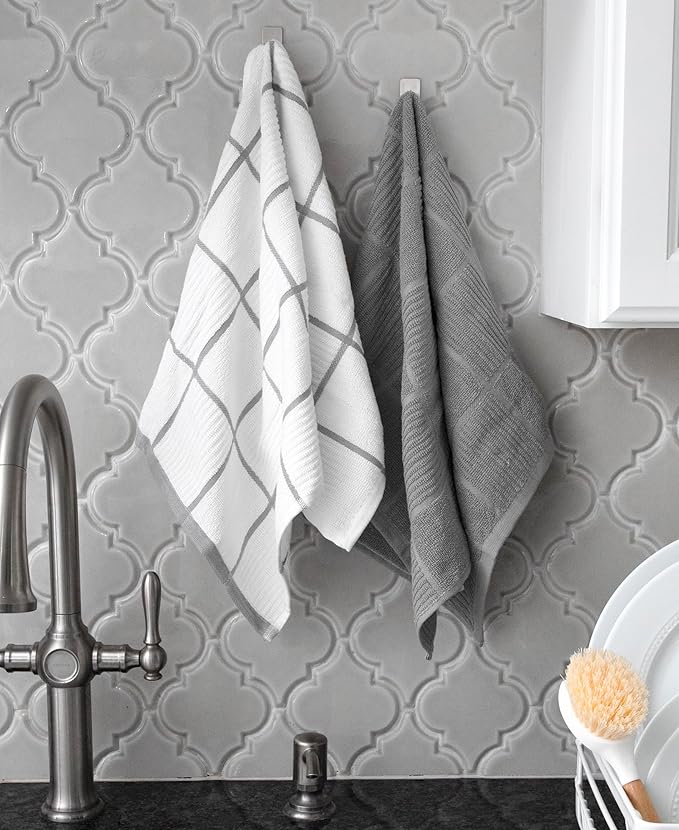 T-Fal Solid & Checked Parquet Kitchen Towels: Highly Absorbent, Super Soft Long Lasting - 100% Cotton, 16"x26" Dish Towels for Cleaning & Drying Dishes, Pans, Glassware, Countertops, 6-Pack, Gray