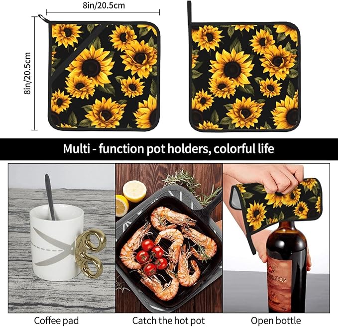 2Pcs Yellow Sunflowers Pot Holders for Kitchen Clearance Heat Resistant Hot Pads for Cooking Baking Grilling
