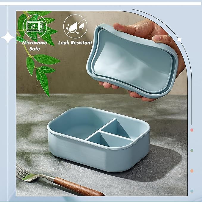 Layhit 1 Pcs Silicone Bento Box for Adults, 27 oz Bento Lunch Container Reusable 3 Compartment Lunchable Food Container for Women Men, Leak Proof Microwave Dishwasher Freezer Safe (Gray Blue)