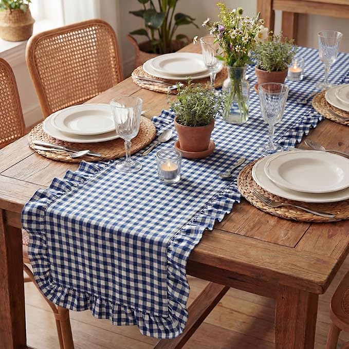 HunnmingRe 1 Pcs Navy Blue Plaid Gingham Ruffle Table Runner 118 x 13.8'' Farmhouse Table Runner 100% Cotton Scalloped Long Dresser Scarves for Dining Room, Wedding, Kitchen Rustic Home Decor