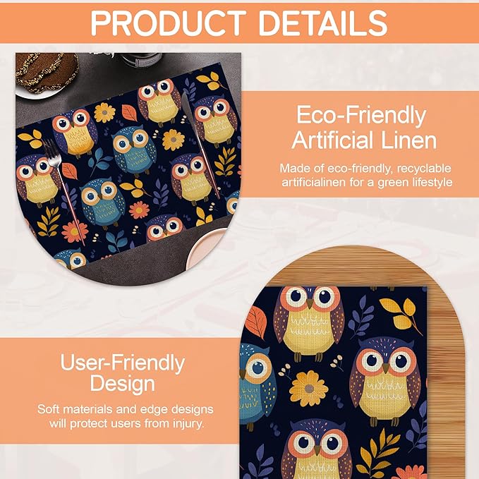 Cute Owl Table Mats Set of 6,Non-Slip Washable Placemats for Restaurant Home Kitchen Dinner Table 12x18Inch