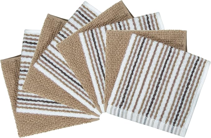 Bumble Premium Dish Cloths Towel 12"x12" | 100% Natural Ring Spun Cotton Tea Towel Set | 430 GSM | Highly Absorbent & Soft Dish Towels | 8 Pack - 4 Popcorn Striped & 4 Solid Kitchen Towels - Tan