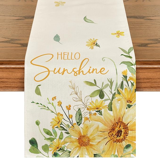Artoid Mode Hello Sunshine Sunflower Eucalyptus Summer Table Runner, Seasonal Spring Kitchen Dining Table Decoration for Home Party Decor 13x60 Inch