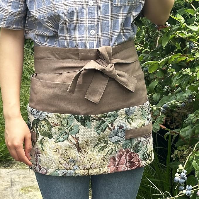 Garden Apron for Woman, Serve Apron Cute, Flora Half Apron with 8 Pockets, Valentines Gift for Mom Wife Girlfriend