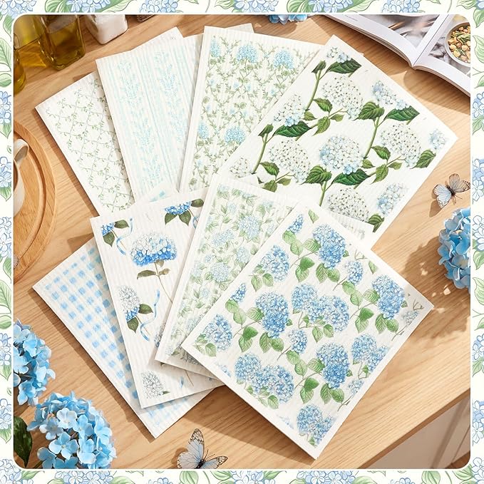 Tegeme 8 Pcs Blue Hydrangea Swedish Themed Dishcloth Spring Summer Watercolor Hydrangea Floral Kitchen Dish Towel Absorbent Cotton Reusable Towel for Home Party Housewarming Counter Wipe, 6.8 x 7.7''