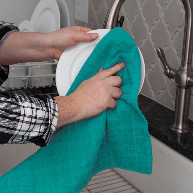 Ritz Premium Kitchen Towel and Dish Cloth Value Set: Highly Absorbent, Super Soft, Long-Lasting, 100% Cotton Checked and Solid Hand Towels, Tea Towels, Bar Towels - 6 Pack, Teal
