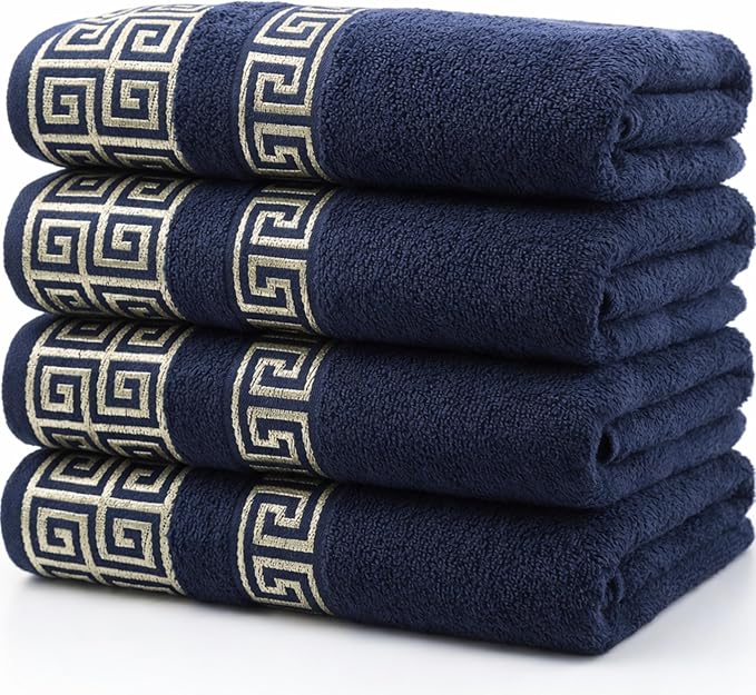 Luxury 4 Piece Bath Towel Set with Greek Key Design - 100% Cotton Soft & Absorbent Bathroom 27x54 in Extra Large Towels - Quick Dry & Durable - Navy Blue Towels Set for Home, Spa & Hotel Use AA4