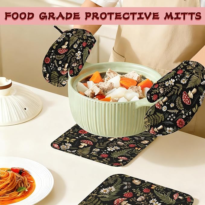 Mushroom Heat-Resistant Silicone Oven Mitts and Pot Holders,Herb Plant Berry Butterfly Long Oven Gloves with Non-Slip Grip for Cooking, Baking, Grilling,BBQ