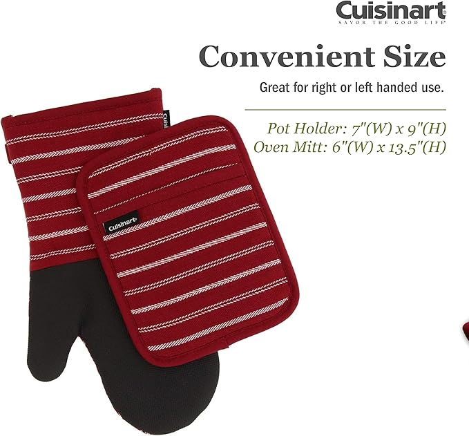 Cuisinart Neoprene Oven Mitts and Potholder Set-Heat Resistant Oven Gloves to Protect Hands and Surfaces with Non-Slip Grip, Hanging Loop-Ideal for Handling Hot Cookware Items, Twill Stripe Red Dahlia