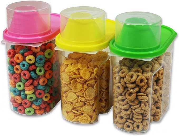 Basicwise 1.9 Liters Set of 3 Small Airtight Food Storage Containers with Pouring Spout and Measuring Cup Lid for Flour Sugar Cereal Rice Pantry Staples & Baking Ingredients in Green Pink and Yellow