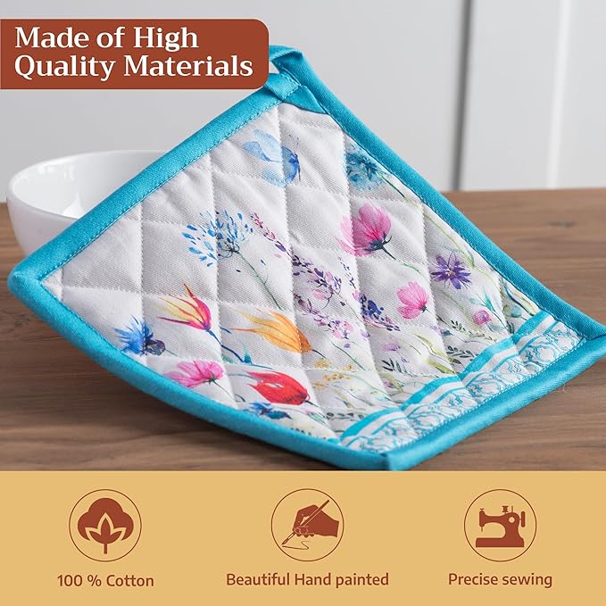 Maison d' Hermine Pot Holders 100% Cotton Heat Resistant Potholders 8" x 8" Hot Pads with Loop BBQ Baking Gifts for Mothers Day Handling Hot Pans Spring/Summer (Pack of 1, Flower in The Field)