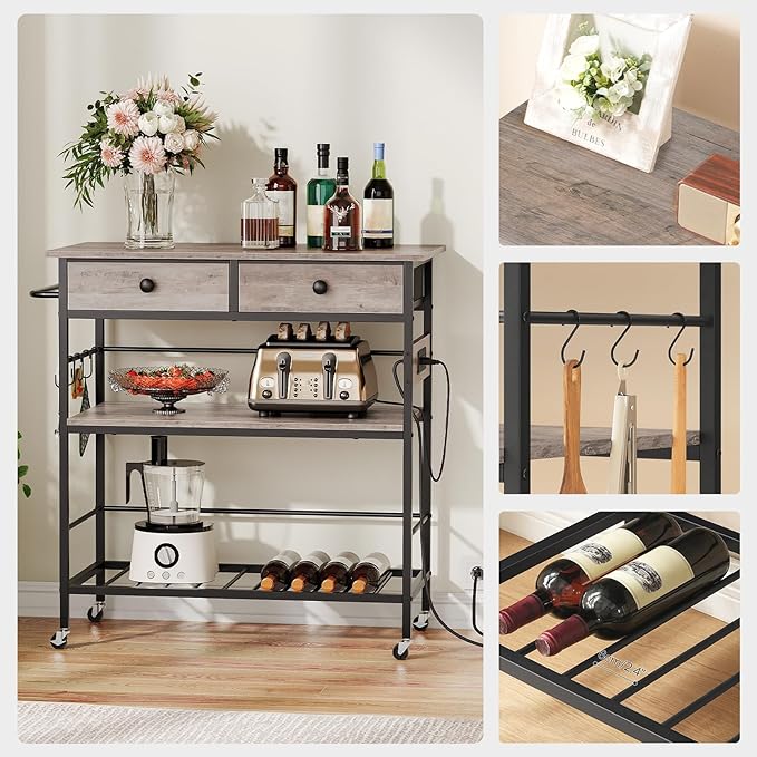 HOOBRO Kitchen Island with Storage, Rolling Island Cart for Kitchen with 2 Drawers & Outlet, 3 Tier Coffee Station and Microwave Stand, Kitchen Island Table for Home, Greige BG08UZD01