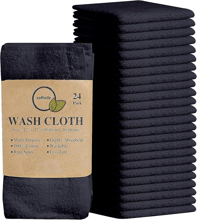 Softolle 100% Cotton Washcloths 24 Pack (12x12 Inches) Soft, Highly Absorbent Washcloth, Face Towels, Wash Cloths for Face, Ring Spun, Bulk Pack (Grey)