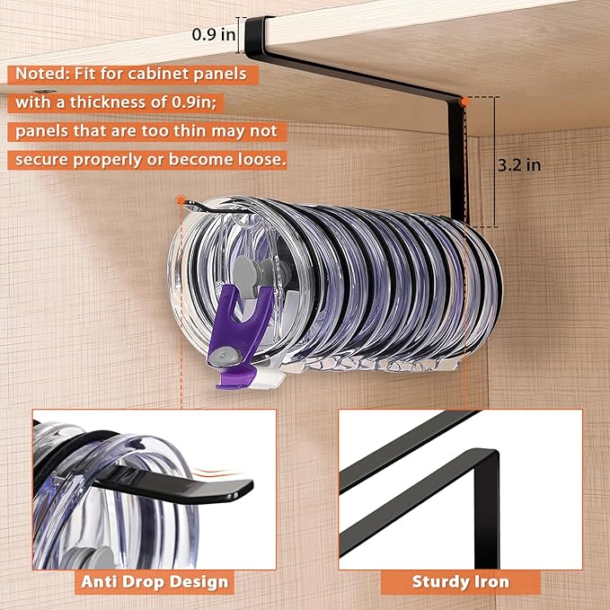 2 Pack Tumbler Lid Organizer, Horizontal Tumbler Lid Storage Hook to Hold Up 20 Lids, Space Saving Cup Lid Holders Under Cabinet Tumbler Lid Hook for Kitchen Organizer, Paper Towel Rack Hanger (Black)