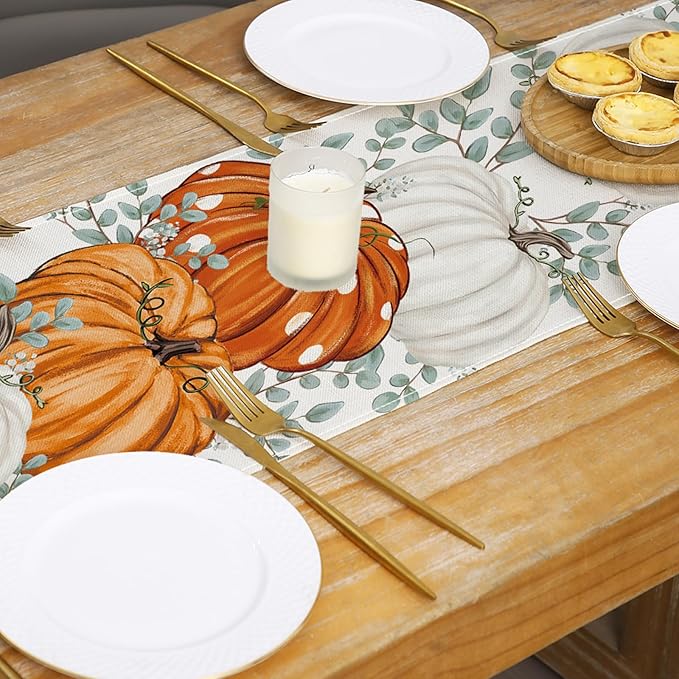 ONFAON Fall Decorations for Home, Fall Table Runner 13x72 Inch, Pumpkins Eucalyptus Leaves Thanksgiving Farmhouse Decor Table Decoration for Kitchen Dinning, Indoor Outdoor Dinner Party ZQZX02
