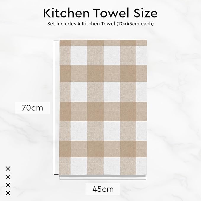 Encasa XO Cotton Kitchen Towel Set | Hand and Tea Cloth for Cleaning & Quick Drying, X-Large 28"x18" (Pack of 4) Highly Absorbent - Buffalo Beige Checks