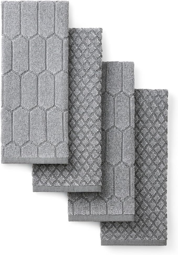 Martha Stewart Honeycomb Chambray Textured Kitchen Towel 4-Pack Set, 100% Cotton with Absorbent Terrycloth, Decorative Kitchen Towels, Grey, 16"x28"