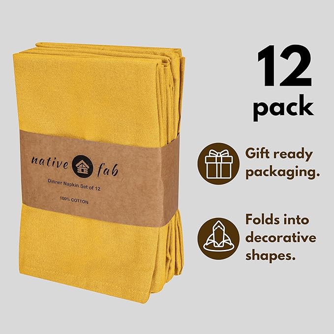 Native Fab Cloth Napkin Set of 12, 100% Cotton, Washable, Reusable Dinner Cloth Napkins 17x17 inches, Table Linen Decor for Dinner, Celebrations, Wedding, Events, Mustard Yellow