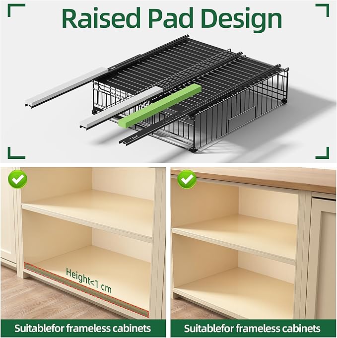 NETEL 2 Pack Expandable Pull Out Cabinet Organizer, Raised 6.69" guardrail, Adjustable Width 13"-20.07", 3 Rails No Drill Adhesive Peel And Stick, Adhesive Pull Out Drawers for Cabinets, Black