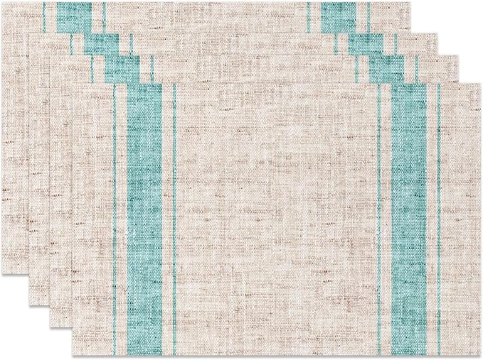 CSFOTO Modern Minimalist Line Decorative Placemats Set of 4 Heat-Resistant Non-Slip Kitchen Table Mats Khaki Woven Rectangle Placemats for Dining Table 18"x12" Washable, Light Blue Stripe