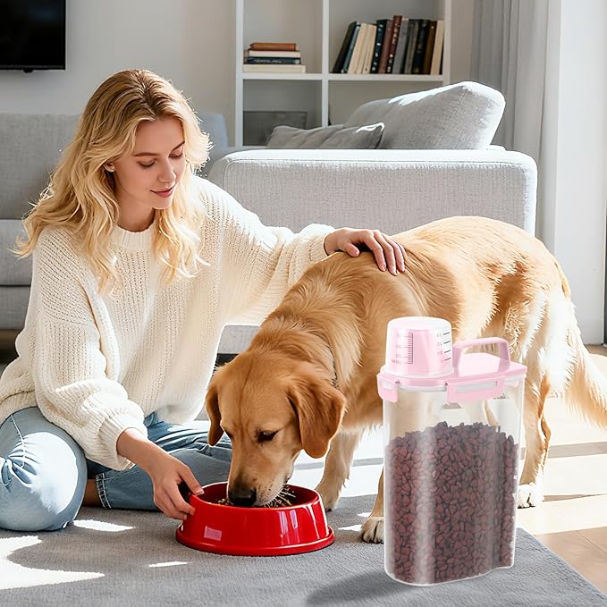 LEAWALK 3-5Lbs Airtight Small Cat Dog Pet Food Storage Containers BPA Free, with Large Pour Spout/1 Measuring Cup/ 4 Safety Locks and Double-layer Silicone Strip (Pink 2Pack)