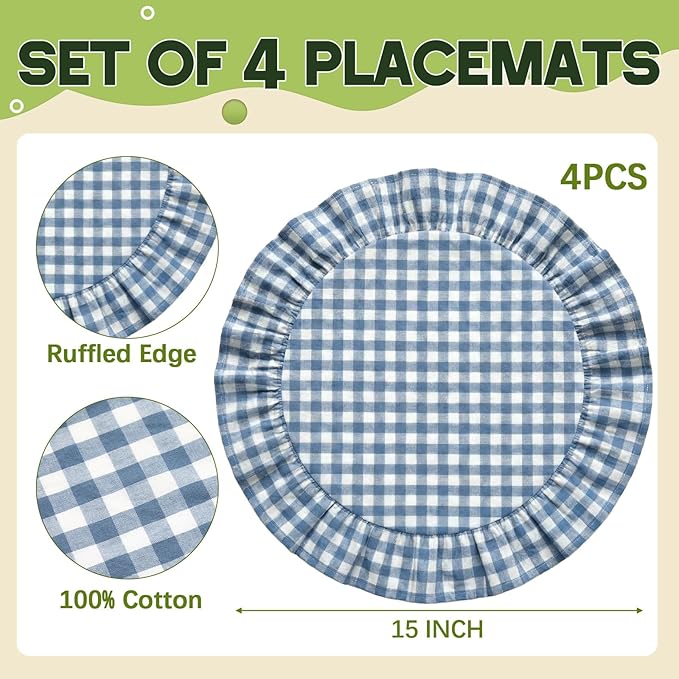 4 Pcs 15 Inch 100% Cotton Scalloped Round Placemats, Thin Light Blue Plaid Place Mats with Ruffle, Washable Placemats Table Mats for Kitchen Dining Holiday Gatherings Decor(Gingham)