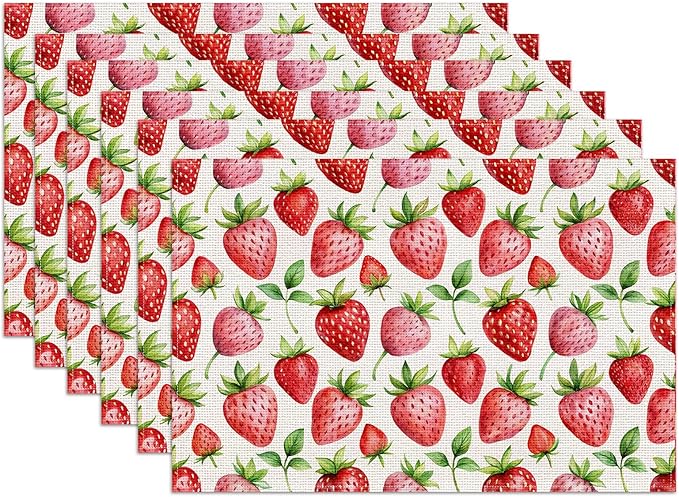 Spring Summer Strawberry Placemats Set of 6,12x18 Inch Sweet Fruit Linen Place Mat Washable Stain Resistant Table Mats for Seasonal Farmhouse Kitchen Party Home Decor