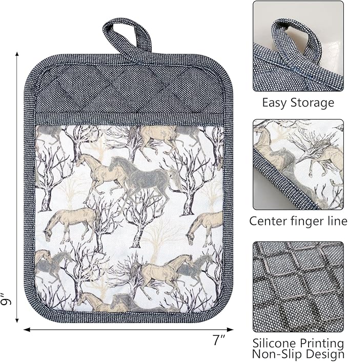 Pot Holders Set of 3 Silicone Printing Non Slip Heat Resistant, Yarm-Dyed Hot Pads Cotton Home Kitchen Cooking Barbecue Microwave Women Men Machine Washable BBQ Grilling. (Gray Potholders)
