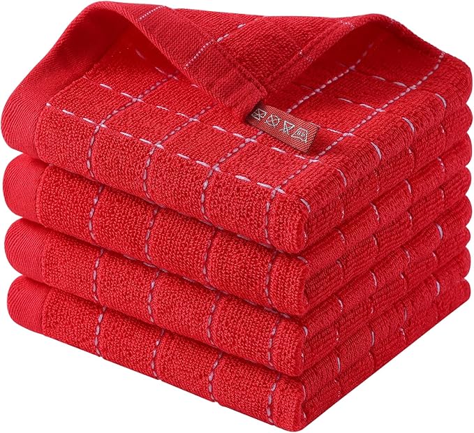 Homaxy 100% Cotton Terry Kitchen Dish Cloths, Ultra Soft and Absorbent Dish Towels for Kitchen, Suitable for Drying and Washing Dishes, 4 Pack, 12 x 12 Inches, Red