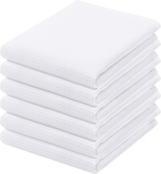 PurpleEssences Waffle Weave Kitchen Towel, 100% Cotton - 15x25 Inches with Hanging Loop, Ultra Soft Absorbent Quick Drying Dish Cloth, Tea and Hand Towels, 6 Pack - Spring Easter Summer - White