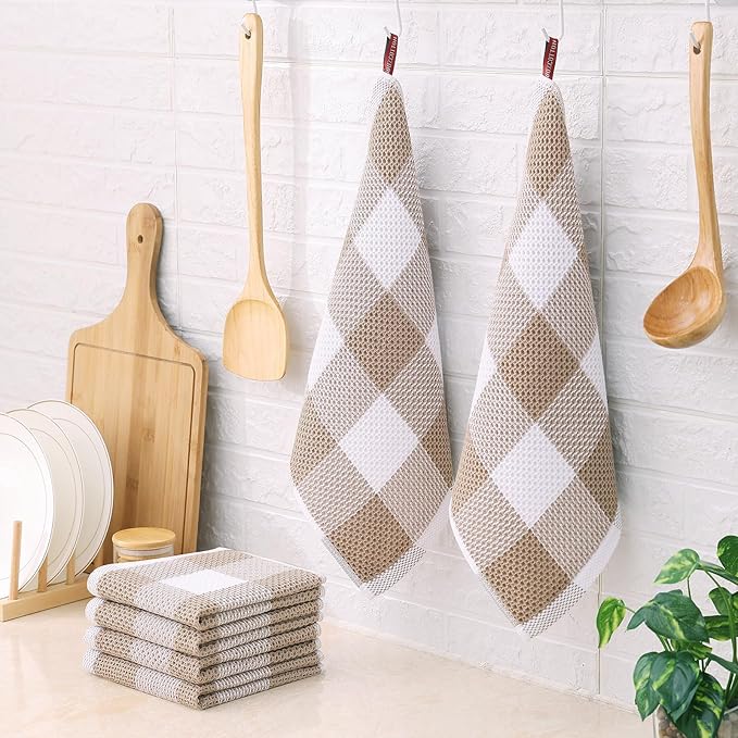 Homaxy 100% Cotton Waffle Weave Check Plaid Dish Cloths, 12 x 12 Inches, Super Soft and Absorbent Dish Towels Quick Drying Dish Rags, 8-Pack, White & Khaki