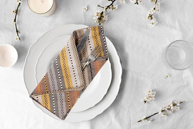 ACCENTHOME 100% Cotton Salsa Stripe Napkin Set of 6 18x18 inch Beige/Mustard Multicolour Dinner Napkins - Washable Soft Premium Hotel Quality Reusable Perfect Table Linen for Family Dinners Wedding
