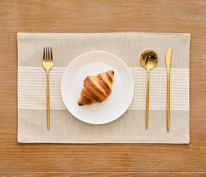 Wracra Linen Placemats, 12 x 18 Inch Set of 6 Placemats, Farmhouse Macrame Place Mats for Kitchen Table and Heat Resistant-Hemstitch Light Coffee 6PCS