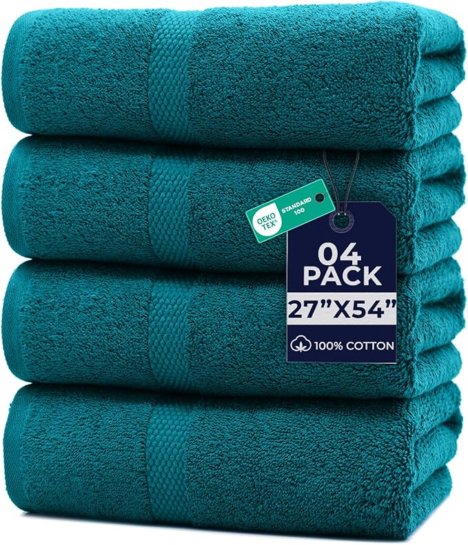 DAN RIVER Bath Towels Set of 4, 27 x 54 Inches, 100% Cotton, Larger & Lighter Weight, Quicker to Dry, Super Soft and Absorbent, Ideal Luxury Bath Towels for Daily Use, Teal