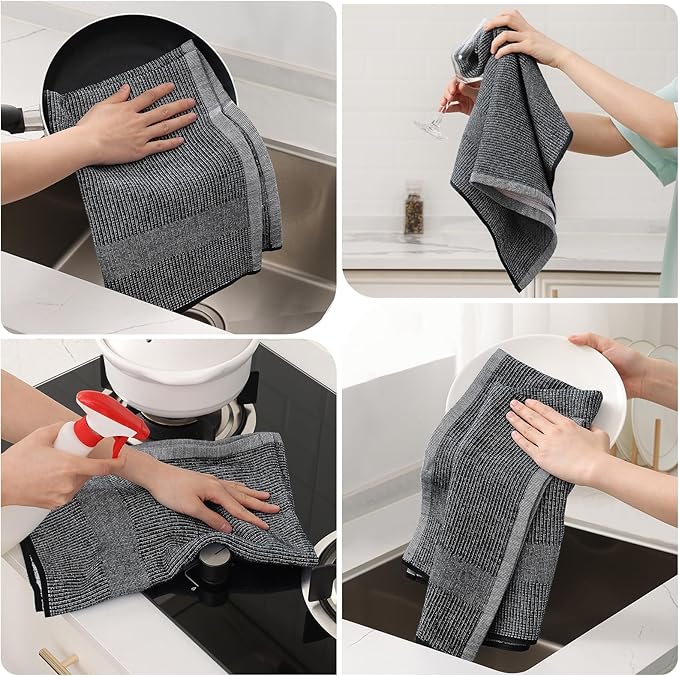 Mordimy Premium Kitchen Towels 12 Pack (18 x 28 Inches, Grey/Khaki/Black), Large Cotton Flat & Terry Kitchen Hand Towel, Super Absorbent Tea Dishtowels Set with Hanging Loop