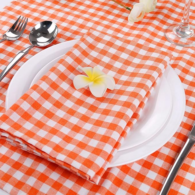 Orange White Buffalo Plaid Cloth Napkins Set of 6, Fall Cotton Table Napkins Washable, Reusable Gingham Cloth Dinner Napkins for Autumn Weeding, Parties, Thanksgiving, Christmas, Dining Celebration