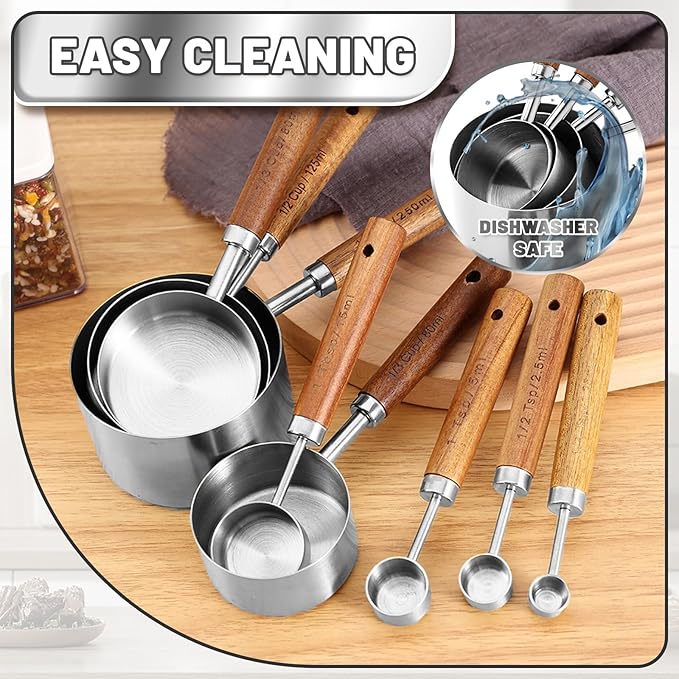 Measuring Cups and Spoons Set,Premium Stainless Steel Measuring Cups and Spoons Set with Wood Handle, 8-Pieces Kitchen Essentials for Baking, Coffee with Ergonomic Grip & Engraved Markings(Silver8)