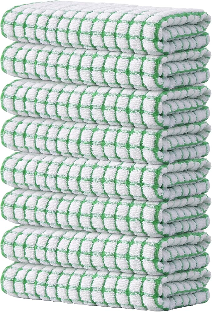 Kitinjoy Cotton 8 Pack Terry Kitchen Towels, 16 x 25 Inches Super Soft and Absorbent Dish Towels, Quick Drying Hand Towels for Kitchen Drying, Green