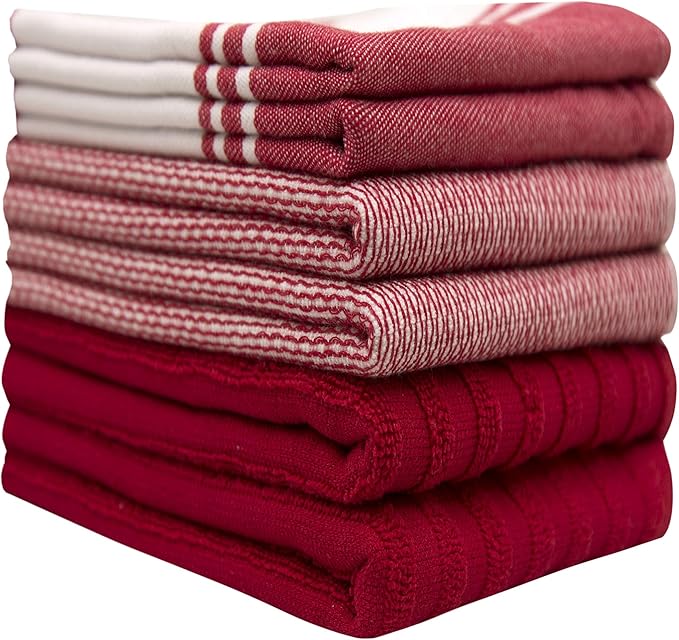 Premium Kitchen Towels (20”x 28”, 6 Pack) | Large Cotton Dish Towels | Flat & Terry Highly Absorbent Kitchen Linen Set with Hanging Loop | Wide Stripe Red