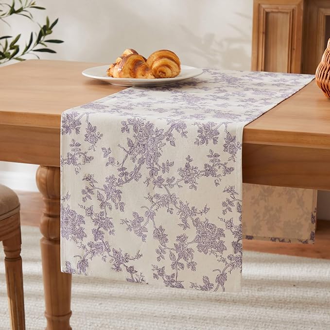 100% Cotton French Pastoral Table Runners, 13x60 Inch Purple Farmhouse Table Runners 60 Inches Long, Vintage Flowers Print Home Decors