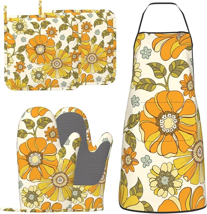 Retro 70s Style Flower Oven Mitts Pot Holders Cooking Apron Set of 5 Silicone Kitchen Glove Apron Non-Slip Heat Resistant for Chef Baking Cooking Grilling BBQ