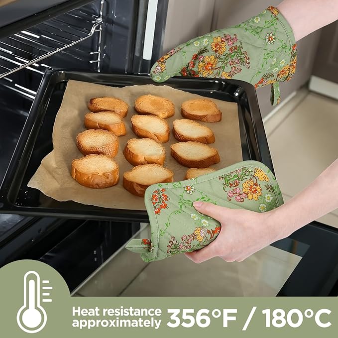 BONTHEE Oven Gloves Heat Resistant Potholder Set Oven Gloves with Anti-Slip Striped Cooking Gloves for Cooking Baking - 2PCS