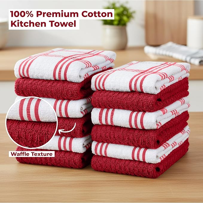 RIVERSIDE Pack of 12 Premium Kitchen Towels 16 x 26 Inches, 100% Cotton Kitchen Hand Towels, Super Soft and Highly Absorbent Dish Towels for Kitchen (Red)