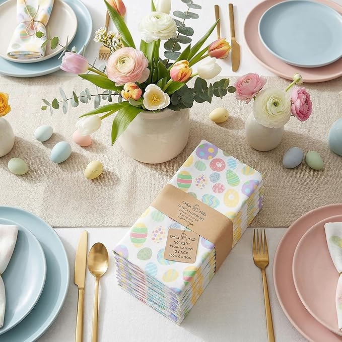 Urban Villa Easter Cloth Napkins 100% Cotton Dinner Napkins Set of 12(20x20)Highly Absorbent Soft Durable Washable Reusable Ideal for Easter Decorations Restaurant Wedding Farmhouse Parties- Egg Print
