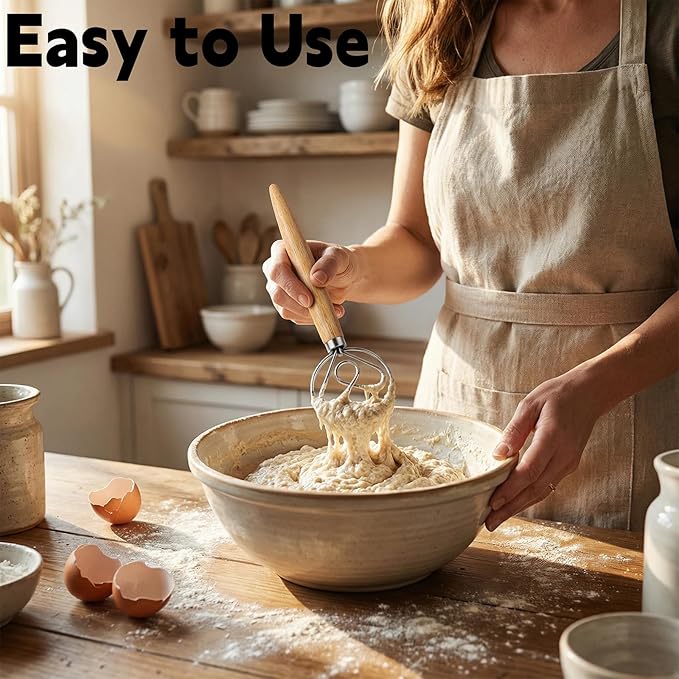 TEEVEA Danish Dough Whisk for Bread Sourdough, Wooden Handle & Stainless Steel Hook